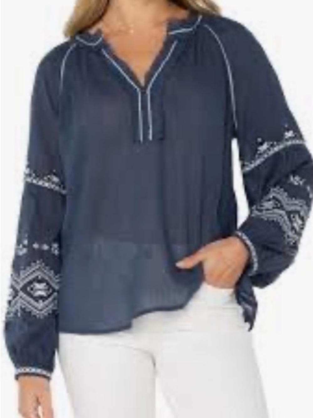Liverpool Los Angeles Raglan Woven Blouse with Embroidery Insignia Blue Size XL